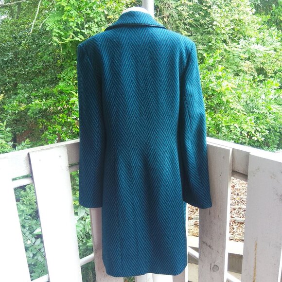 Wool Chevron Longline Trench Duster Blazer Jacket Women Blue Valerie Stevens 8 - Picture 2 of 11